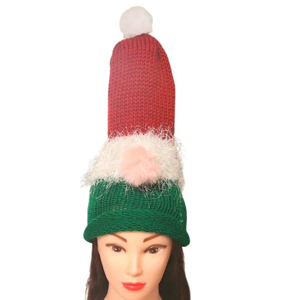Hand Crafted Kids Festive Red Green Knit  Gnome Hat Faux Fur Beanie Hat Crochet
